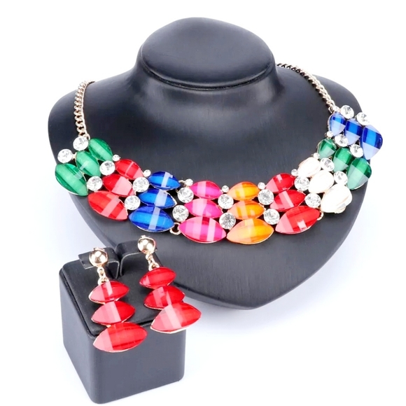 18K gold plated crystal rainbow double stacked necklace earrings set. - Picture 5 of 11